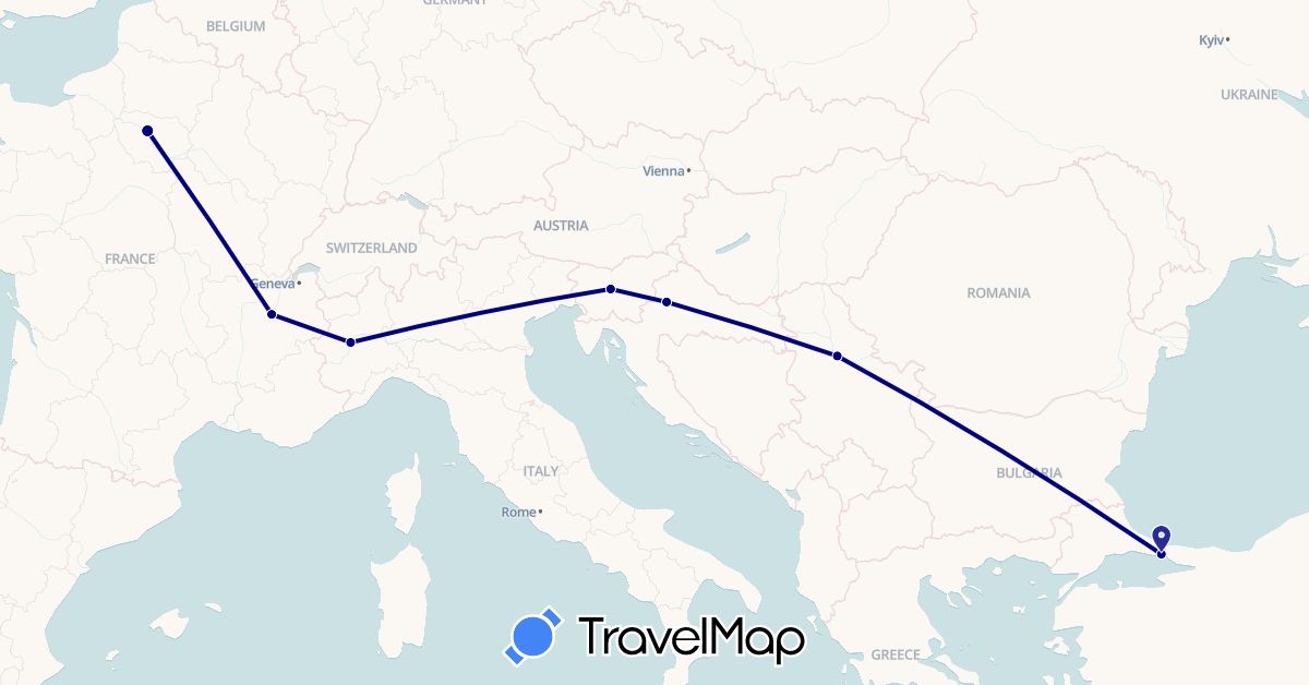 TravelMap itinerary: driving in France, Croatia, Italy, Serbia, Slovenia, Turkey (Asia, Europe)